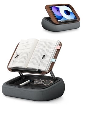 Adjustable Gray Bean Bag  Tablet & Book Stand with Wood Accent